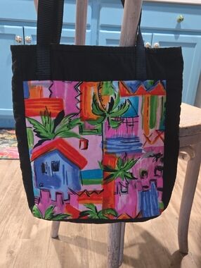 Colorful Tropical Print Tote Bag - Black Trim